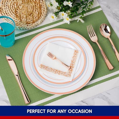 JOLLY CHEF 25 Guests Plastic Plates Set With Rose Gold Rim Cutlery set - color: ROSE GOLD-250pack