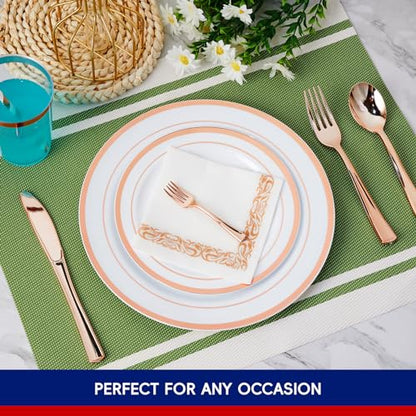 JOLLY CHEF 25 Guests Plastic Plates Set With Rose Gold Rim Cutlery set - color: ROSE GOLD-250pack
