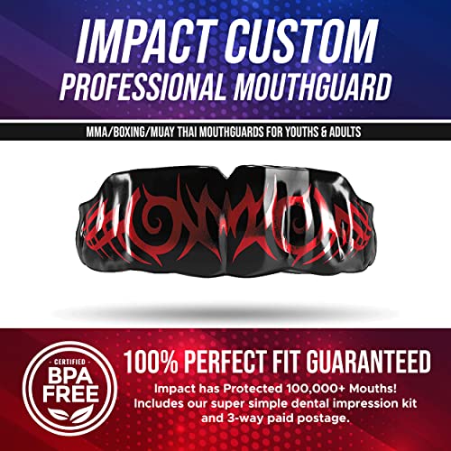 Impact Mouthguard Boxing, MMA, Muay Thai Sports Mouthguards for Youth Adults, Professional Custom-Fit, Tribal Red on Black - color: Red on Black