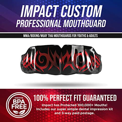 Impact Mouthguard Boxing, MMA, Muay Thai Sports Mouthguards for Youth Adults, Professional Custom-Fit, Tribal Red on Black - color: Red on Black