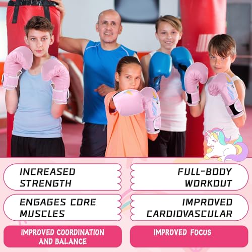 Boxing Gloves and Punching Mitts Set 4oz Gloves Boxing Pads Kids Youth Sparring Gear Training Equipment for Taekwondo Kick Karate Muay Thai MMA Martial Art - style: Pink Unicorn