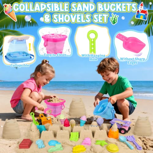 EULRGAUS Beach Toys with 2 Trucks, Collapsible Buckets for Kids Ages 3-12 | 2 Construction Vehicles, Sand Molds, Mesh Bags for Sandbox, Backyard, Summer Trips, Beach Games, Multi-Scene Outdoor Fun