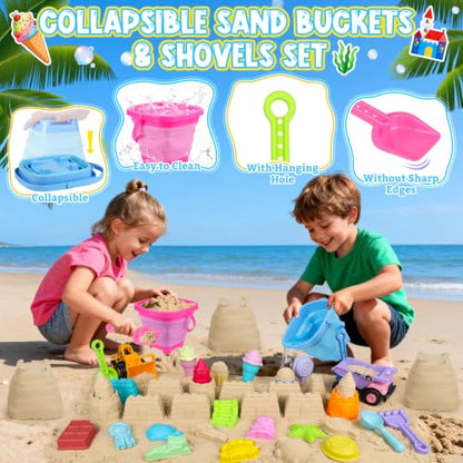 EULRGAUS Beach Toys with 2 Trucks, Collapsible Buckets for Kids Ages 3-12 | 2 Construction Vehicles, Sand Molds, Mesh Bags for Sandbox, Backyard, Summer Trips, Beach Games, Multi-Scene Outdoor Fun