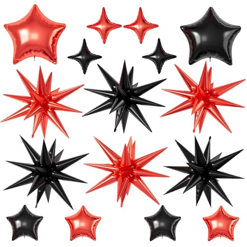 Red Black Star Balloons, 22/18/10 Inch Foil Balloons, Explosion Conee Four-Pointed Balloon for Women Men Birthday Graduation Prom Wedding Baby Shower Casino Party Decorations - color: Red Black