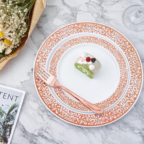 𝟮𝟭𝟬 Count Rose Gold Plastic Dinnerware Disposable Plates 30 Dinner & 30 Dessert Plates & 30 Cups & 30 Rose Gold Paper Napkins & 30 Plastic Silverware Set - color: Rose Gold
