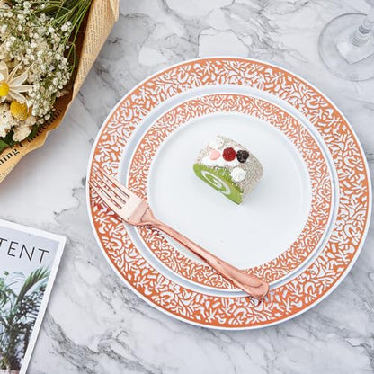 𝟮𝟭𝟬 Count Rose Gold Plastic Dinnerware Disposable Plates 30 Dinner & 30 Dessert Plates & 30 Cups & 30 Rose Gold Paper Napkins & 30 Plastic Silverware Set - color: Rose Gold