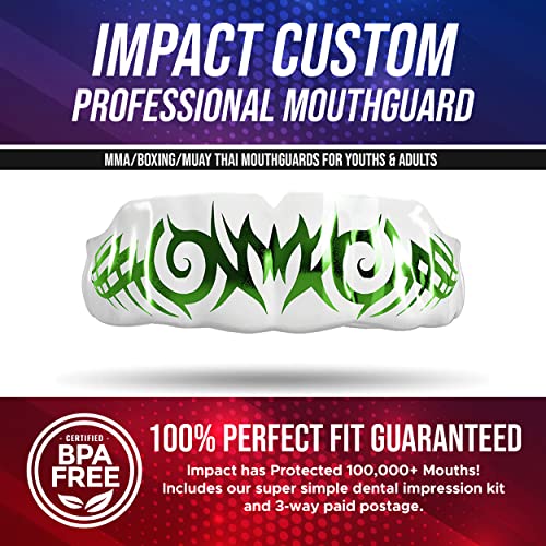 Impact Mouthguard Boxing, MMA, Muay Thai Sports Mouthguards for Youth Adults, Professional Custom-Fit, Tribal Emerald Green on White - color: Emerald Green on White