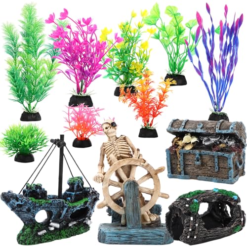 Kathfly 15 Pcs Large Resin Fish Tank Decorations, Aquarium Decor, Pirate Shipwreck, Treasure Chest, Broken Barrel, Pirate Captain Skeleton & Artificial Plants (Popular Style) - style: Classic