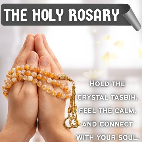 Amazing Gemstone Crystal Tasbeeh with Moon and Star Charm - Certified Crystal Muslim Prayer Beads Natural Gemstone Tasbih Gift for Ramadan Dhikr and Daily Namaz (G) - color: Citrine Natural
