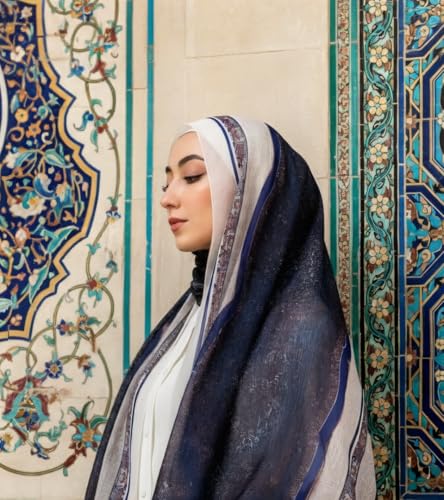 Hijab Modest and Elegant | Beautifully Designed Printed Chiffon Patterns | Muslim Women Head Scarf and Veil - color: Blue D