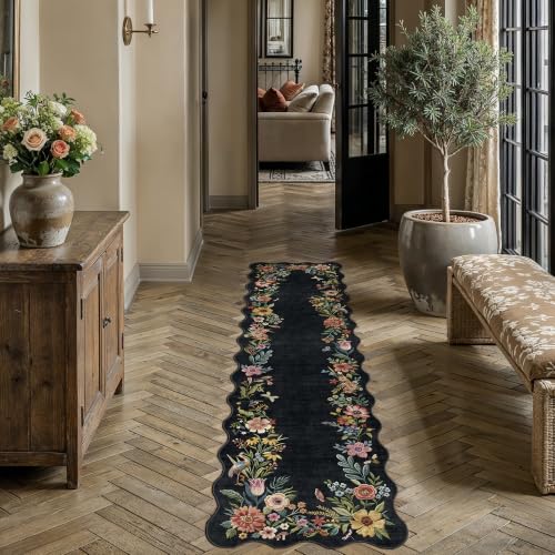 2x8 Floral Black Scalloped Runner Rug - color: Black, size: 2' x 8' (Scalloped)
