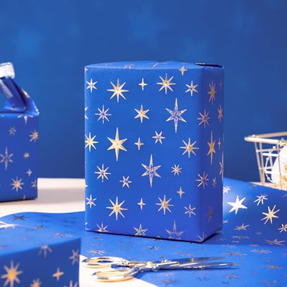 RUSPEPA Blue and Gold Eid Wrapping Paper Roll, Mini Roll, Royal Blue 3D Embossed Foil Star Design, Kraft Gift Wrap Paper for Ramadan, Wedding, Birthday, Baby Shower, Holiday, 17 Inches x 16.4 Feet - color: Blue Gold Foil Star, size: 17 in x 16.4 ft