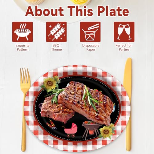 Qyeahkj BBQ 타원형 종이 접시 50개, 대형 27.9cm(11인치) 일회용 바비큐, 여름 파티 장식, It's a Baby Q 용품, BBQ 모임, 피크닉 파티, 식기 세트를 위한 선물 - style: BBQ