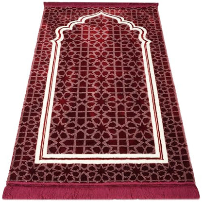 Modefa Muslim Prayer Rug - Large Plush Velvet - Andalus (Red) | For Islamic prayers, salah. For men or women; thick plush soft praying mat - color: Red