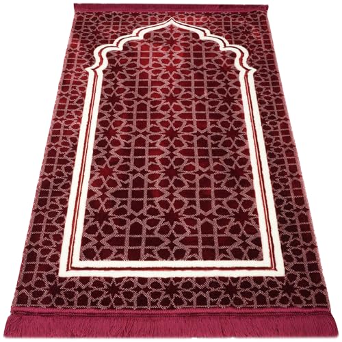Modefa Muslim Prayer Rug - Large Plush Velvet - Andalus (Red) | For Islamic prayers, salah. For men or women; thick plush soft praying mat - color: Red