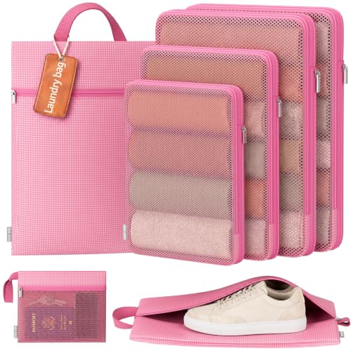 7 Set Compression Packing Cubes for Travel Essentials Suitcase, Collapsible Mesh Packing Cubes for 20-22 inch Carry On Luggage, Expandable Travel Packing Organizers with Laundry Shoe Bag(Pink) - color: 1-Pink, size: For 20"-22" Carry on Luggages