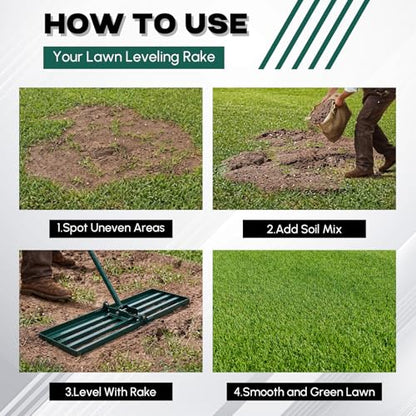 Gisafai Lawn Leveling Rake 30"x10" Heavy Duty Carbon Steel, 72" Adjustable Long Handle, Leveler Tool for Yard Garden Golf Course Soil Dirt Ground Surface Leveling