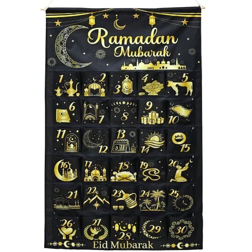 Fabric Ramadan Mubarak Advent Calendar Countdown 30 Days Mystery Eid Mubarak Countdown to Eid Calendar Advent Calendar with 30 Pockets for Ramadan Day Home Wall Decoration