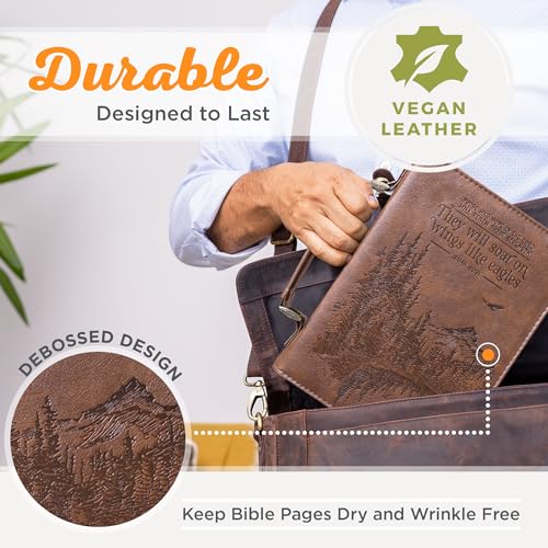 Christian Art Gifts Men's Classic Bible Cover On Wings Like Eagles Mountain Isaiah 40:31, Brown Faux Leather, Large - size: Large