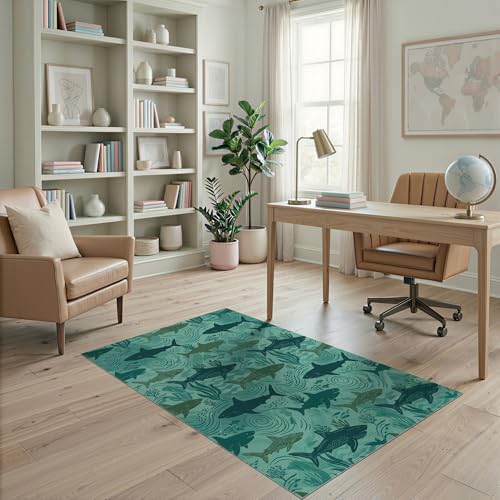 4'x6' Washable Graphic Shark Accent Rug, Seafoam Green Non-Shedding Small Carpet Pet Friendly & Non-Slip for Playroom, Bedroom, Reading Nook | Ref:2067707 - color: Blue/Pattern 38, size: 4' x 6' (Rectangular)
