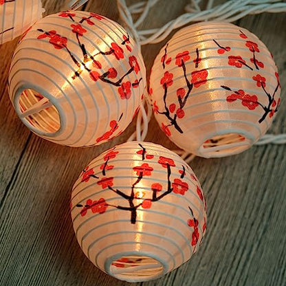 HOSY 10-Pack Plum Blossom 3-in Lanterns, 11 ft White Wire UL String Lights | Self-assembly Required, Nylon Fabric, 3-in Diameter, 12-in Spacing, End-to-end Connectable, UL Certified - color: Plum Blossom