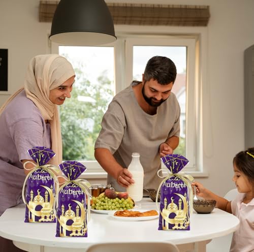 Whaline 100 Pcs Eid Mubarak Cellophane Bags with Ribbon Ramadan Plastic Treat Bags Purple Gold Candy Goodie Bag for Islamic Muslim Party Snack Cookie Packing Supplies - color: Purple Gold