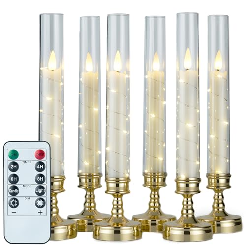 6PCS Flameless Candles with Timer, Flickering Fake Electric LED Candles for Romantic Ambiance, Battery Operated Candles, Centerpiece Table Decorations, Wedding, Halloween, Christmas (Gold) - color: Gold