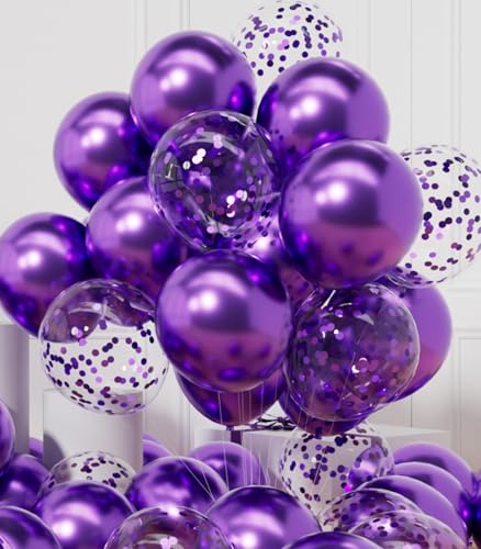 AULE Party Balloons Pack of 42 - Metallic Balloons & Confetti Balloons and 64ft Ribbons - 12 Inch Purple Balloons Decorations Set - color: Purple