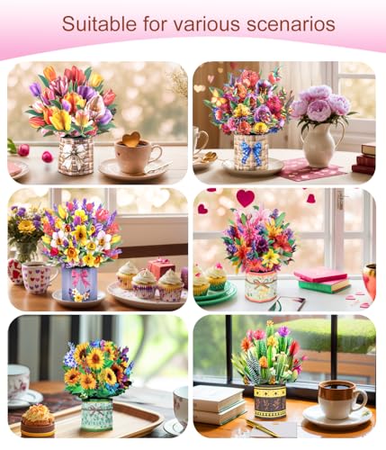 Magic Ants 8 Pack 3D Pop Up Flower Bouquet Cards Assortment – Beautiful Spring Floral Greeting Cards with Envelopes and Black Notes –for Birthday, Mother's Day, Thank You, Get Well - style: Petal Pack 8