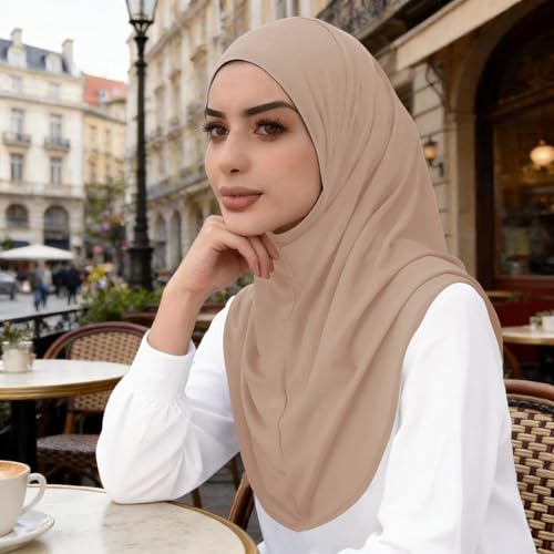 Instant Hijab Ready To Wear Hijab Scarf for Women Soft Long Muslim Jersey Hijabs Head Scarf for Prayer Abaya - color: Khaki