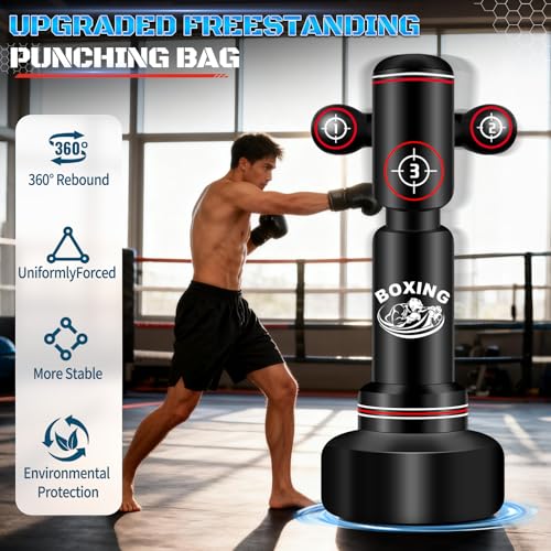 Freestanding Punching Bag with Gloves, 70'' Heavy Boxing Bag with Stand for Adult Teens, Standing Women Men Inflatable Kickboxing Bags for Beginners Training MMA Muay Thai Fitness - style: Punching Printing