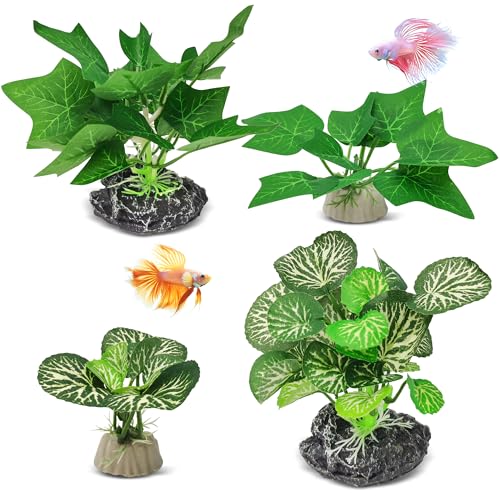 GOZILLA Silk Fish Tank Plants,Reptile Artificial Plant,Reptile Plants for Terrarium,Aquarium Decorations Accessories Set,Resin Pedestal Silk Aquarium Plant for Fish Tank.(4PCS/B-Set) - color: 4pcs/B-set