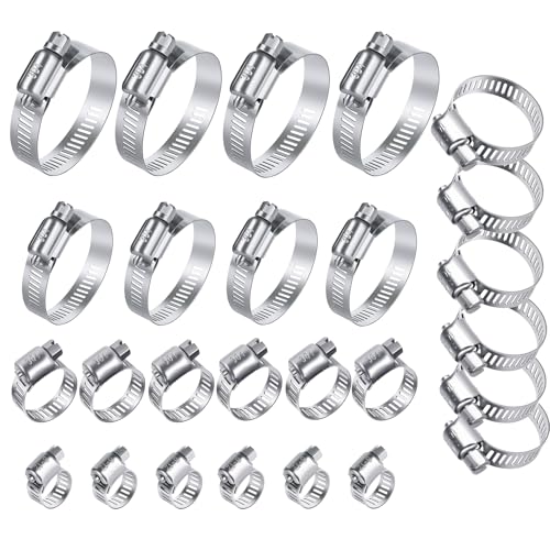 26PCS Stainless Steel Hose Clamps Assortment Kit, 1/4-2 in (6-51 mm) Adjustable Worm Gear Pipe Hose Clamp for Fuel Line, Plumbing, Automotive, Garden, Tube, Radiator, Mechanical Applications
