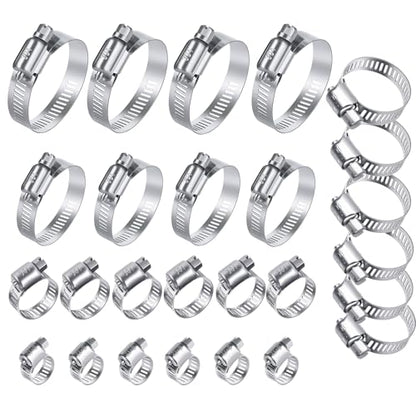 26PCS Stainless Steel Hose Clamps Assortment Kit, 1/4-2 in (6-51 mm) Adjustable Worm Gear Pipe Hose Clamp for Fuel Line, Plumbing, Automotive, Garden, Tube, Radiator, Mechanical Applications