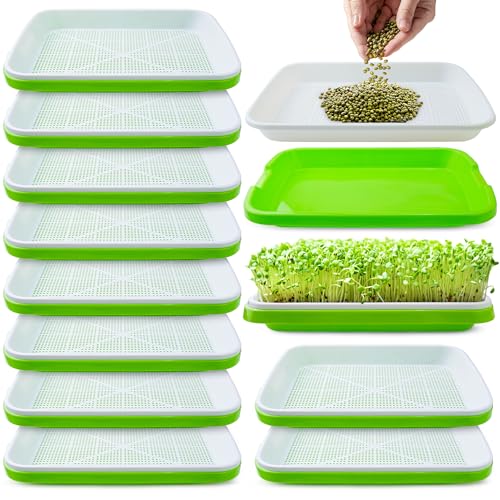 Pack 10 of Seed Sprouter Tray with Drain Holes,Seed Germination Trays Kit BPA Free Nursery Tray,Soil-Free Wheatgrass Tray Sprouter Microgreens Growing Kit (Green-10 Pack)