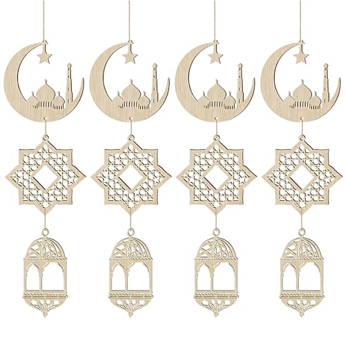 12Pcs Wooden Ramadan Ornaments, Ramadan Decorations for Home, Hanging Hollow Moon Star Wind Light Shape Pendant for Eid Mubarak Party Wall Window Tree Decor