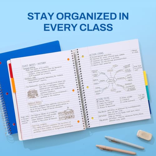 SUNEE 5 Subject Notebook College Ruled - 400 Pages, 9"x11", 5 Pocket Colored Dividers, 3-Hole Punched Paper, Blue - color: Blue, style: College Ruled