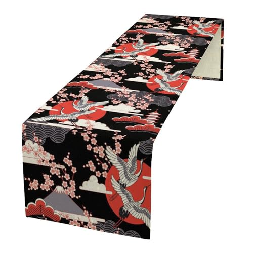 Japanese Crane Bird Table Runner, Oriental Pink Cherry Blossoms Flower Retro Luxury Line Art Table Runner for Kitchen Dining Table Party Decor, 13x36inch - color: Asian-16, size: W13"x L36"