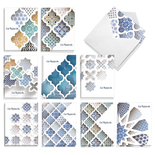 The Best Card Company - 20 Assorted Eid Mubarak Notecards Boxed Set 4 x 5.12 Inch with Envelopes (10 Designs, 2 Each) Muslim Holiday Cards Eid Mubarak Dimensions AM10424EIG-B2x10 - style: Eid Mubarak Dimensions