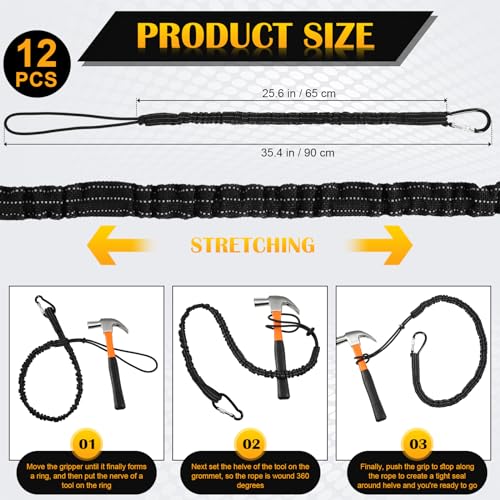 12 Pack Tool Lanyard with Single Metal Buckle and Adjustable Loop End, Standard Length, Maximum Weight Limit 8KG/ 17.6lb, with Aluminum Screw Lock, Retractable Shock Cord Stopper (Black) - color: Black