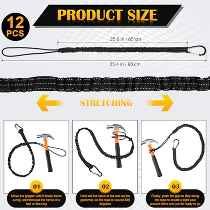 12 Pack Tool Lanyard with Single Metal Buckle and Adjustable Loop End, Standard Length, Maximum Weight Limit 8KG/ 17.6lb, with Aluminum Screw Lock, Retractable Shock Cord Stopper (Black) - color: Black