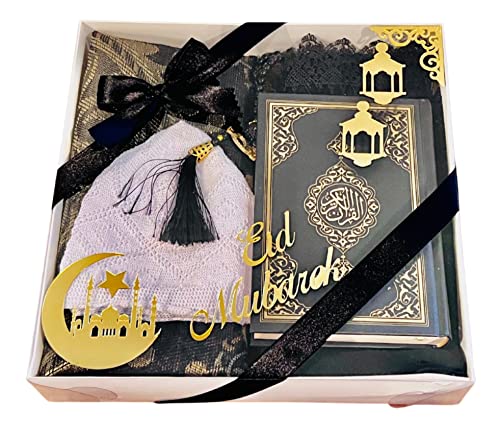 Eid Gift Set - Islamic Prayer Rug (Janamaz), Scarf, Prayer Cap, Pearl Tasbih & Quran, 5pc Essentials (Black) - color: Black