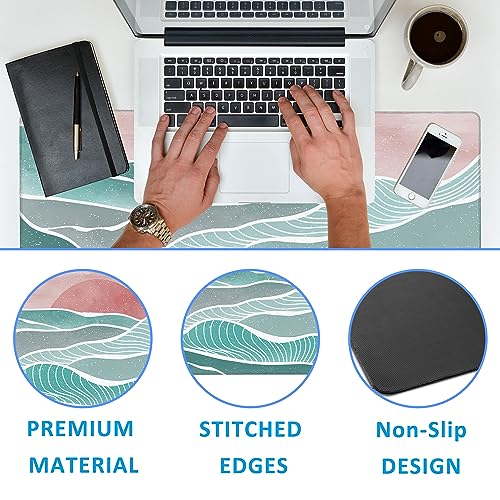 Ocean Wave and Mountain Large Gaming Mouse Pad,Waterproof Desk Mat for Desktop,Non-Slip Rubber Base Mousepad with Stitched Edges for Laptop Office and Home 35.4X15.7 Inch - color: Ocean Wave and Mountain