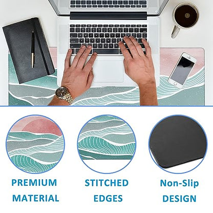 Ocean Wave and Mountain Large Gaming Mouse Pad,Waterproof Desk Mat for Desktop,Non-Slip Rubber Base Mousepad with Stitched Edges for Laptop Office and Home 35.4X15.7 Inch - color: Ocean Wave and Mountain