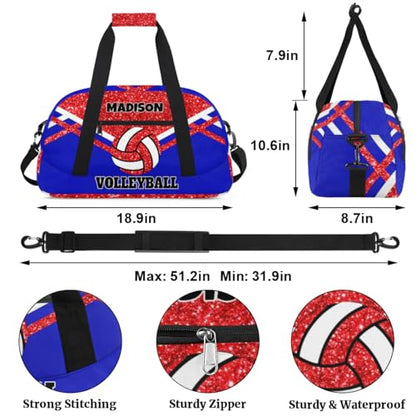 Custom Names Volleyball Bag, Personalized Name Gymnastics Sport Bag Women, Red Bling Glittering with Royal Blue (not real glitter) - color: Red Blue