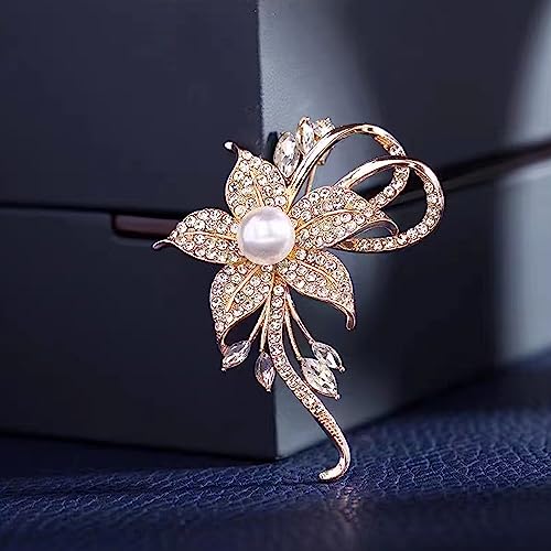 Crystal Pearl Flower Brooches Pins Fashion Beautiful Created Rhinestone Floral Brooch Good Idea for Party Dance Wedding Banquet for Elegant Women Girl - color: Gold Flower