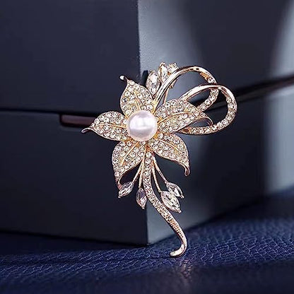 Crystal Pearl Flower Brooches Pins Fashion Beautiful Created Rhinestone Floral Brooch Good Idea for Party Dance Wedding Banquet for Elegant Women Girl - color: Gold Flower
