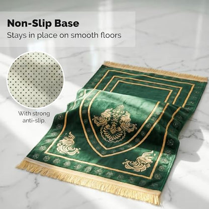 UrmiX Memory Foam Knee Support Prayer Rug/Mat– Orthopedic Style Thick Padded Janamaz Sajada, Premium Velvet Islamic Rug with Non-Slip Base, Tasbih Beads & Gift Box Included (Green) - color: Emerald Green