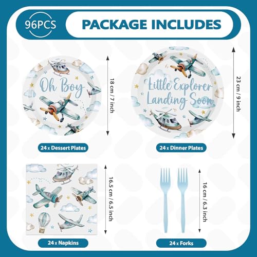 Greencian 96Pcs Airplane Boy Baby Shower Decorations, Serves 24 | Airplane Baby Shower Plates and Napkins Plane Tableware Set for Boys Little Explorer Landing Soon Adventure Party Supplies - style: Airplane Baby Shower Set