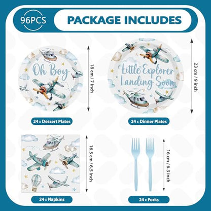 Greencian 96Pcs Airplane Boy Baby Shower Decorations, Serves 24 | Airplane Baby Shower Plates and Napkins Plane Tableware Set for Boys Little Explorer Landing Soon Adventure Party Supplies - style: Airplane Baby Shower Set